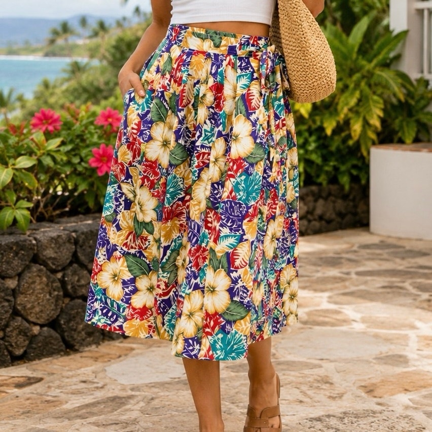 Vintage Petite Tropical Hibiscus Floral Wrap Midi Skirt Colorful Beach Vacation